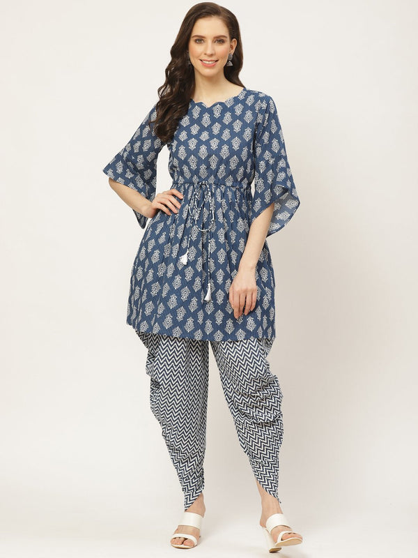 Women Indigo Three-Quarter Sleeves Flared Kurta and Dhoti Pant set | NOZ2TOZ - Made In INDIA.