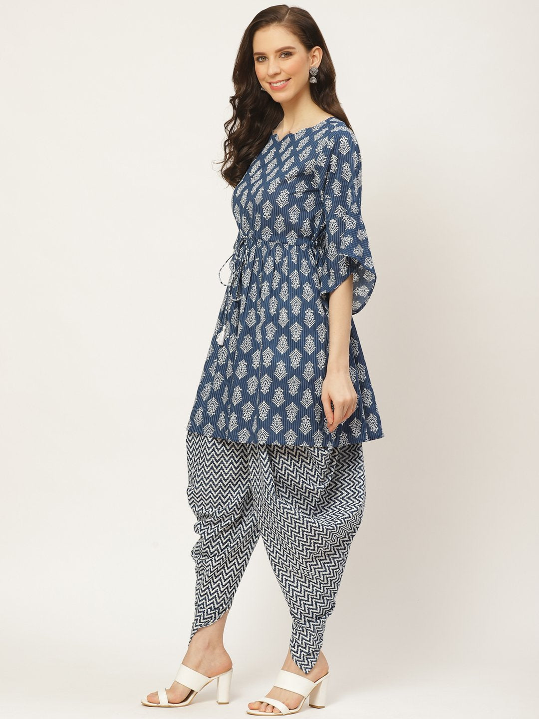 Women Indigo Three-Quarter Sleeves Flared Kurta and Dhoti Pant set | NOZ2TOZ - Made In INDIA.