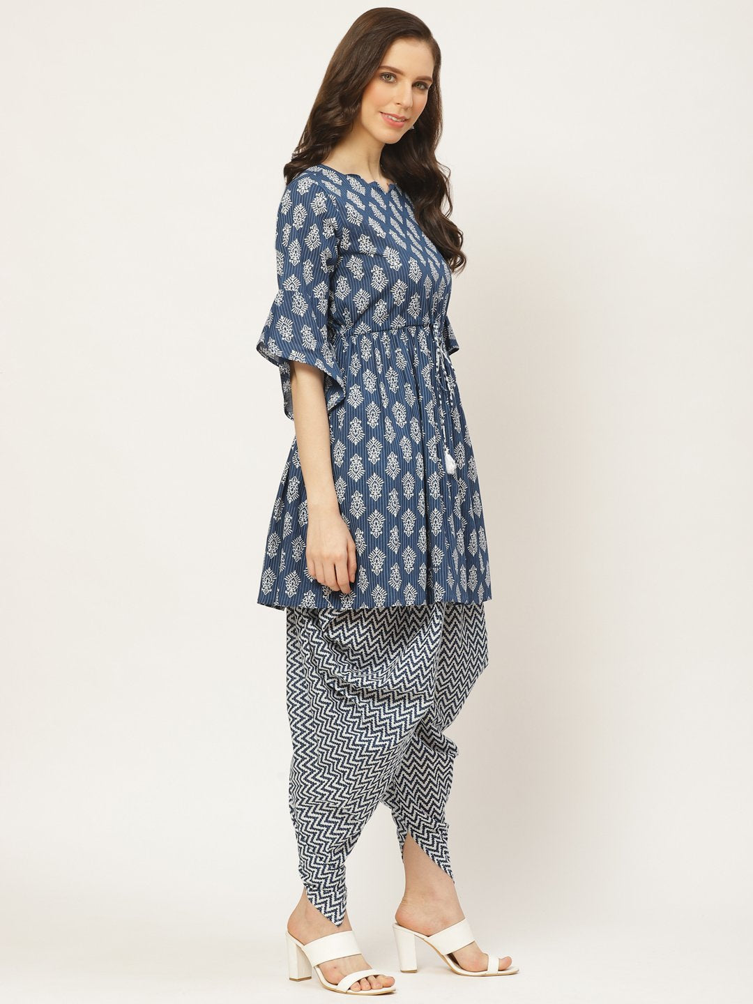 Women Indigo Three-Quarter Sleeves Flared Kurta and Dhoti Pant set | NOZ2TOZ - Made In INDIA.