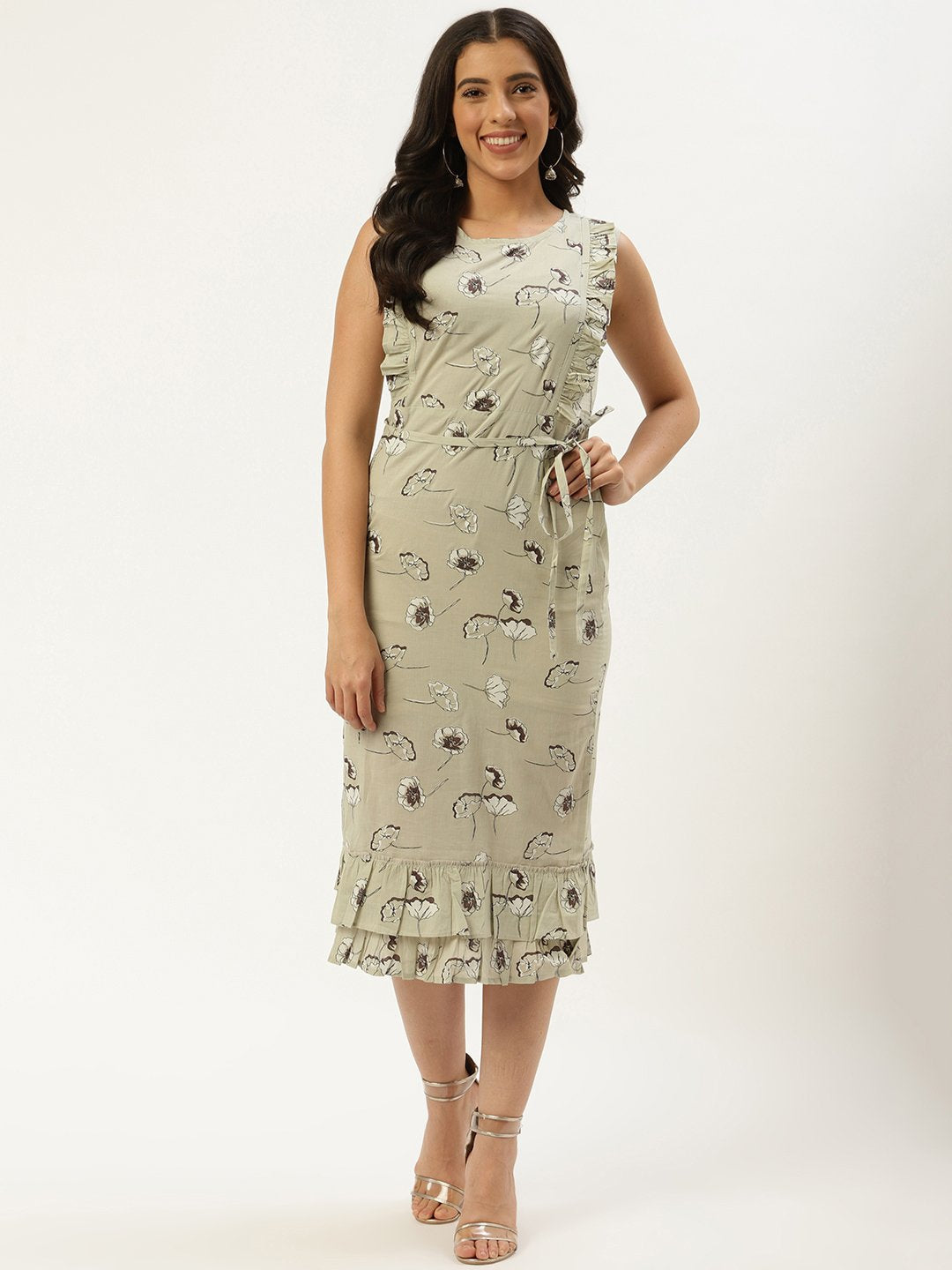 Women Grey Floral Printed Round Neck Cotton A-Line Dress | NOZ2TOZ - Made In INDIA.