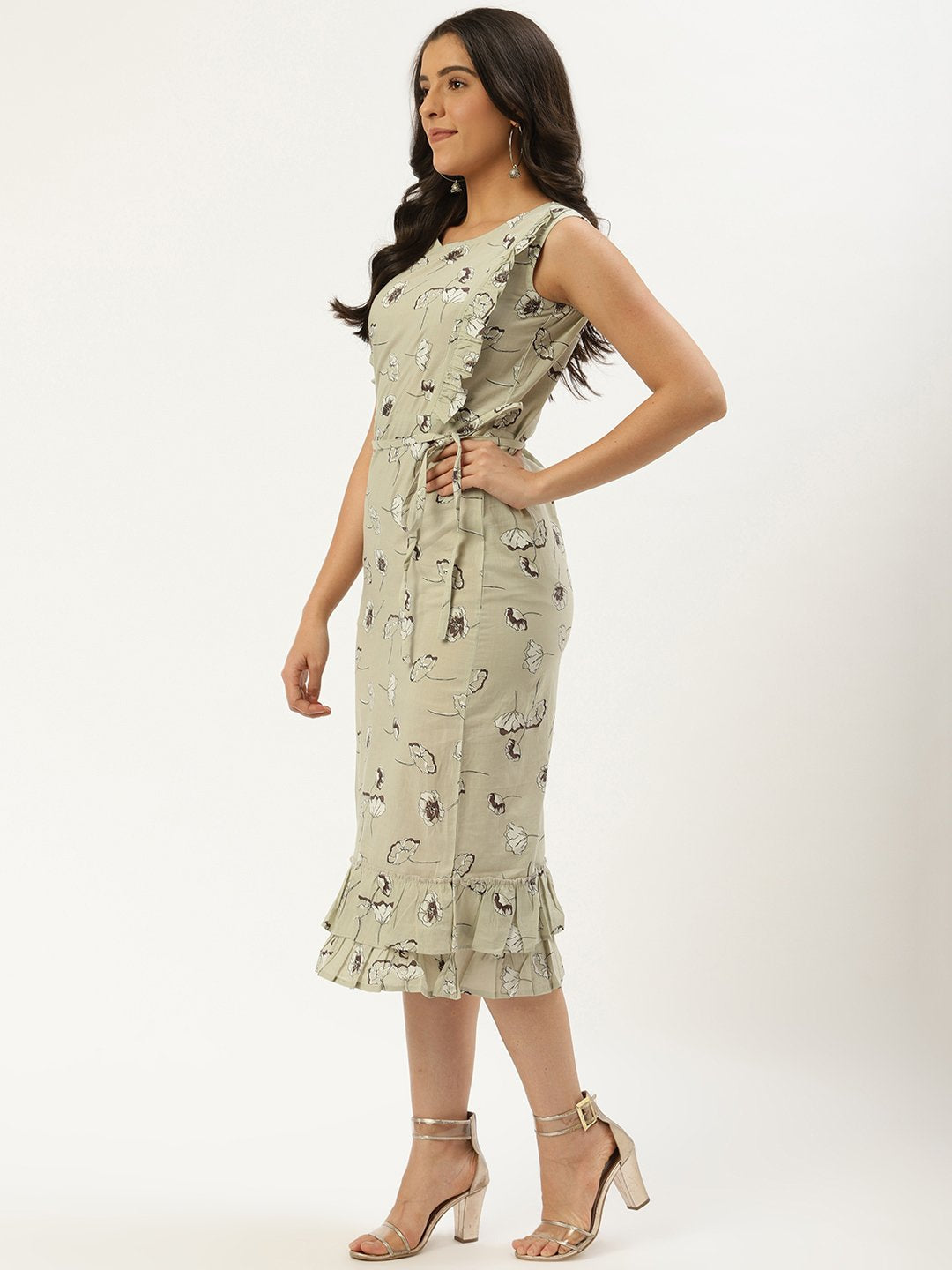 Women Grey Floral Printed Round Neck Cotton A-Line Dress | NOZ2TOZ - Made In INDIA.