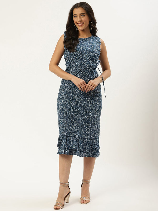 Women Blue Floral Printed Round Neck Cotton A-Line Dress | NOZ2TOZ - Made In INDIA.