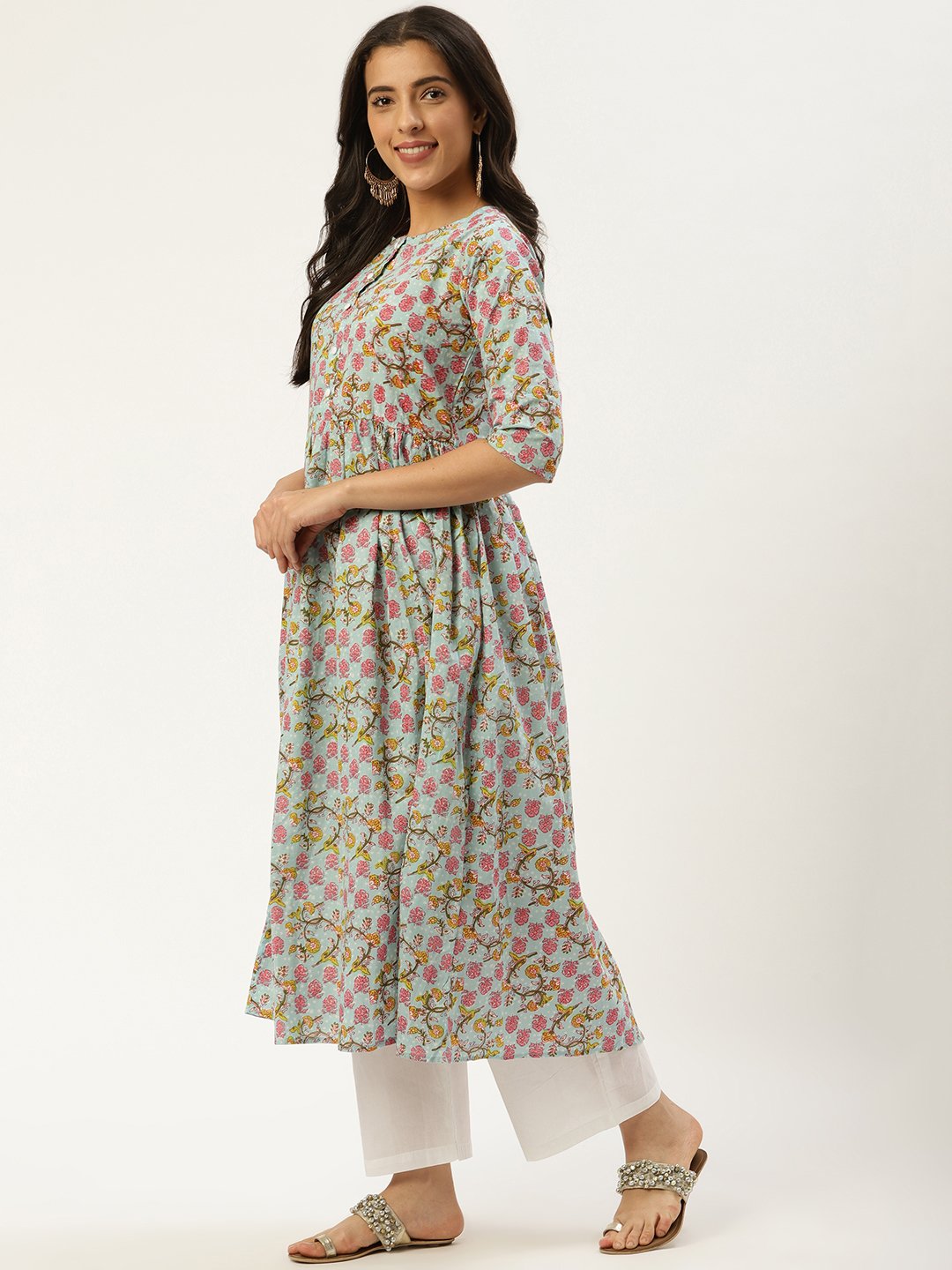 Women Sky Blue Three-Quarter Sleeves Flared Kurta and Palazzo set | NOZ2TOZ - Made In INDIA.