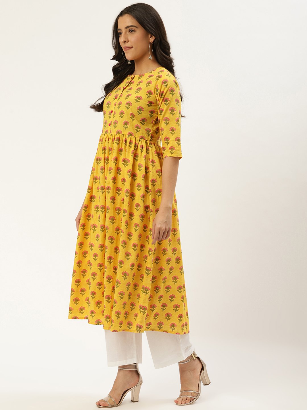 Women Yellow Three-Quarter Sleeves Flared Kurta and Palazzo set | NOZ2TOZ - Made In INDIA.