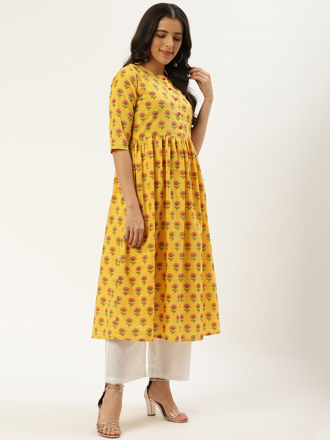 Women Yellow Three-Quarter Sleeves Flared Kurta and Palazzo set | NOZ2TOZ - Made In INDIA.