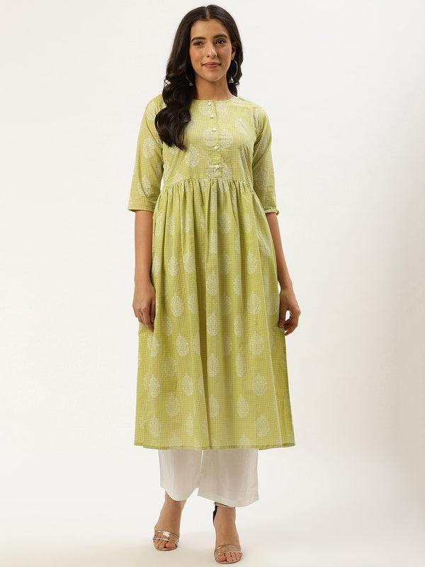 Women Pista Green Three-Quarter Sleeves Flared Kurta and Palazzo set | NOZ2TOZ - Made In INDIA.