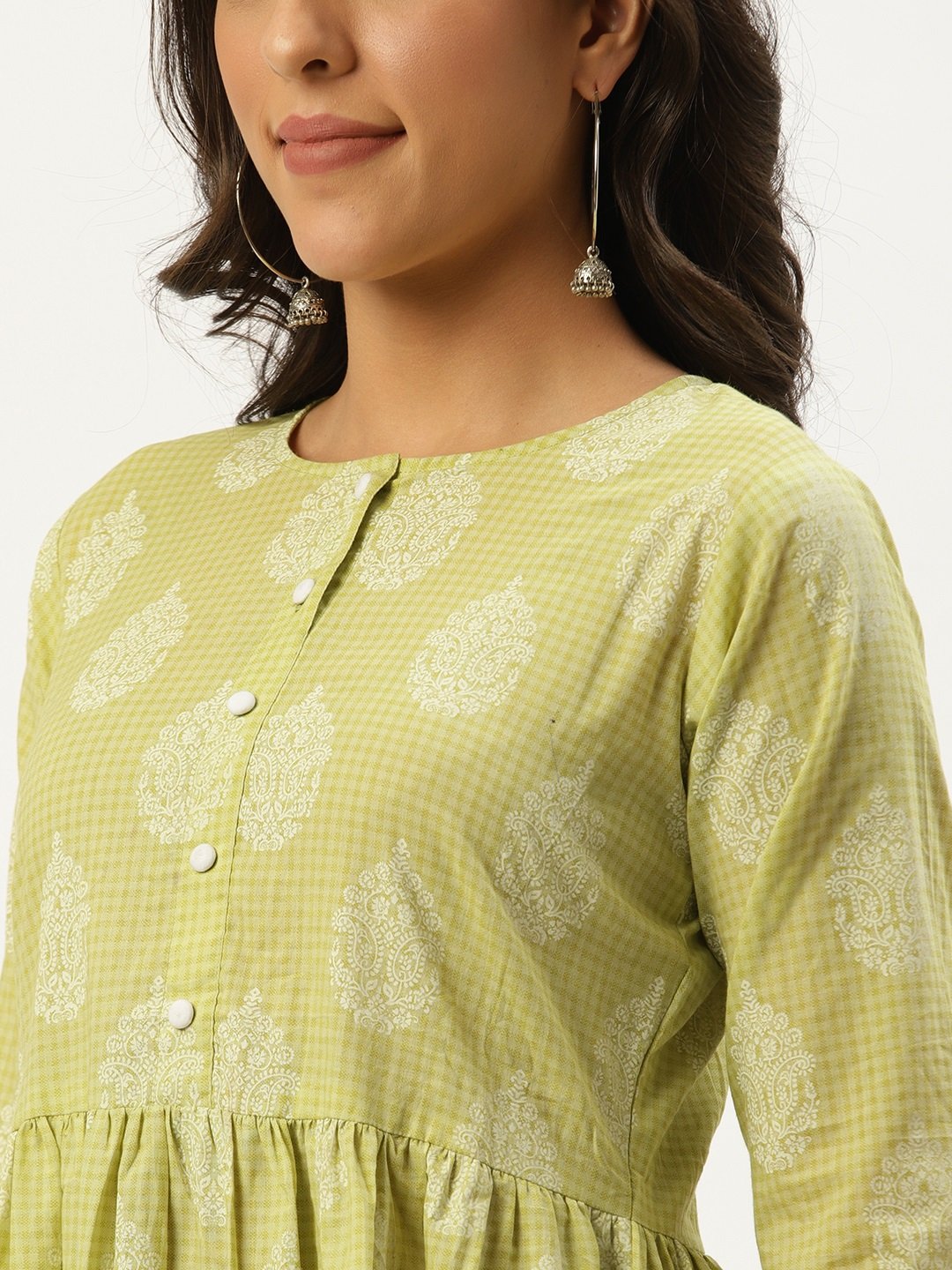 Women Pista Green Three-Quarter Sleeves Flared Kurta and Palazzo set | NOZ2TOZ - Made In INDIA.