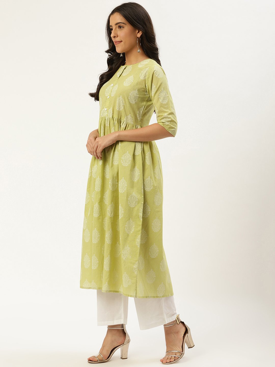 Women Pista Green Three-Quarter Sleeves Flared Kurta and Palazzo set | NOZ2TOZ - Made In INDIA.