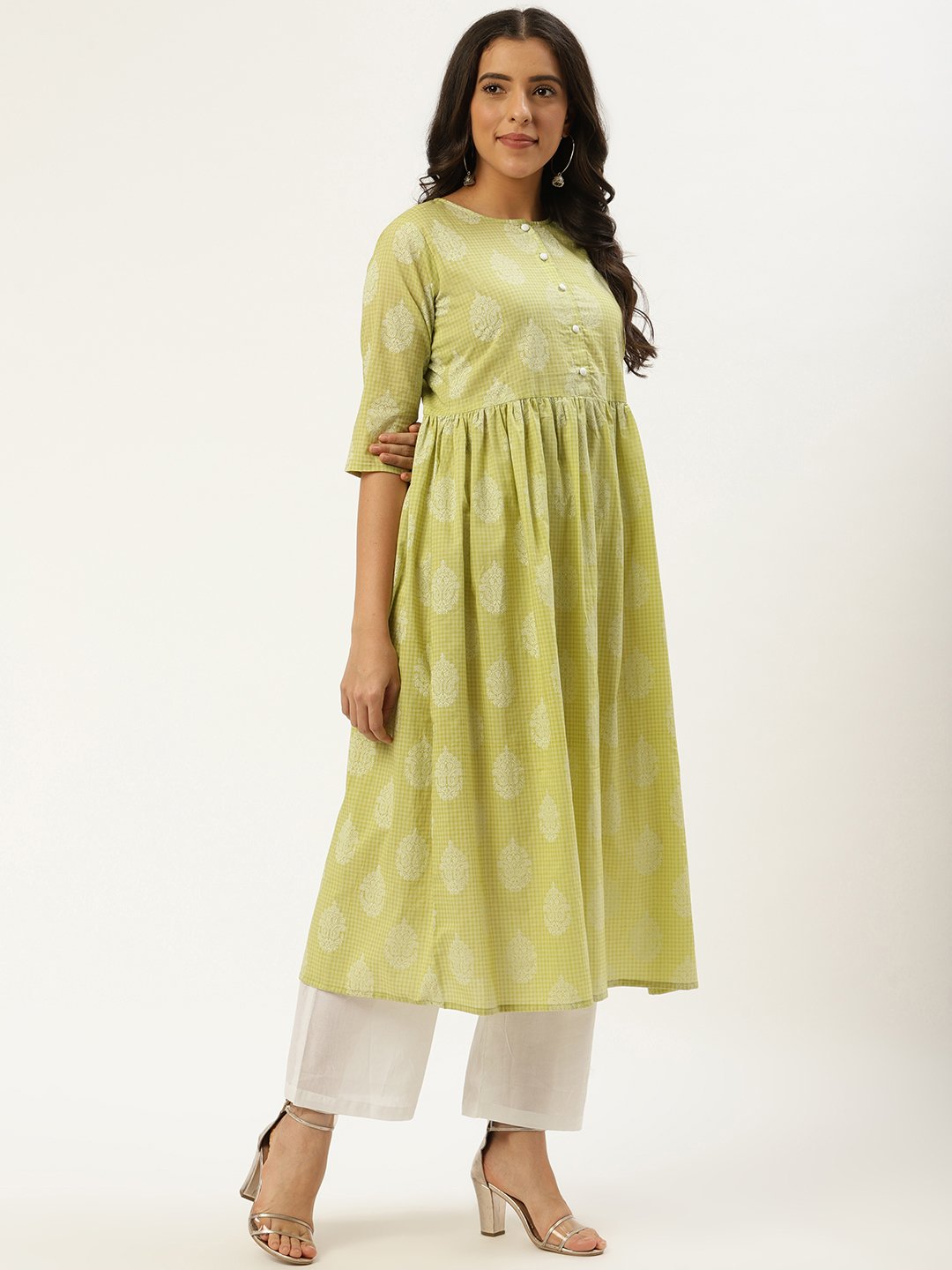 Women Pista Green Three-Quarter Sleeves Flared Kurta and Palazzo set | NOZ2TOZ - Made In INDIA.