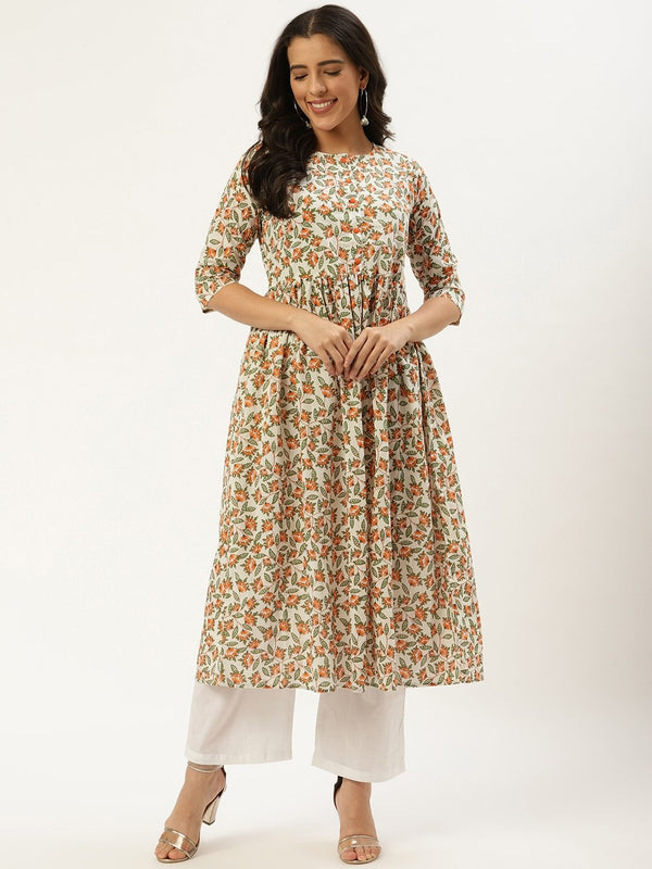 Women Off white Three-Quarter Sleeves Flared Kurta and Palazzo set | NOZ2TOZ - Made In INDIA.