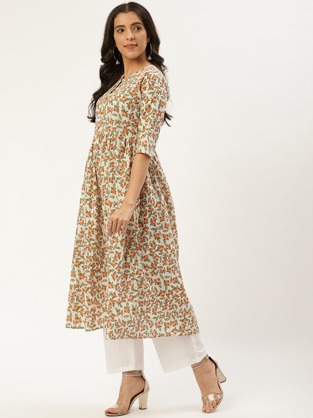 Women Off white Three-Quarter Sleeves Flared Kurta and Palazzo set | NOZ2TOZ - Made In INDIA.