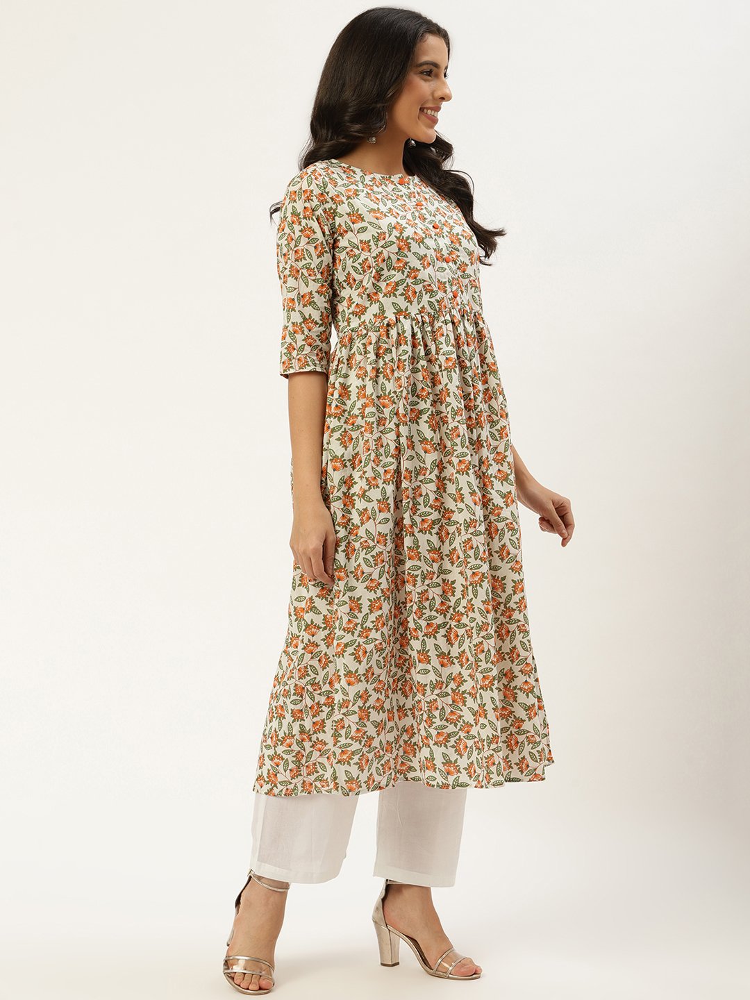 Women Off white Three-Quarter Sleeves Flared Kurta and Palazzo set | NOZ2TOZ - Made In INDIA.