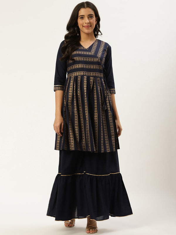 Women Navy Blue Three-Quarter Sleeves Flared Peplum Kurta and Sharara set | NOZ2TOZ - Made In INDIA.