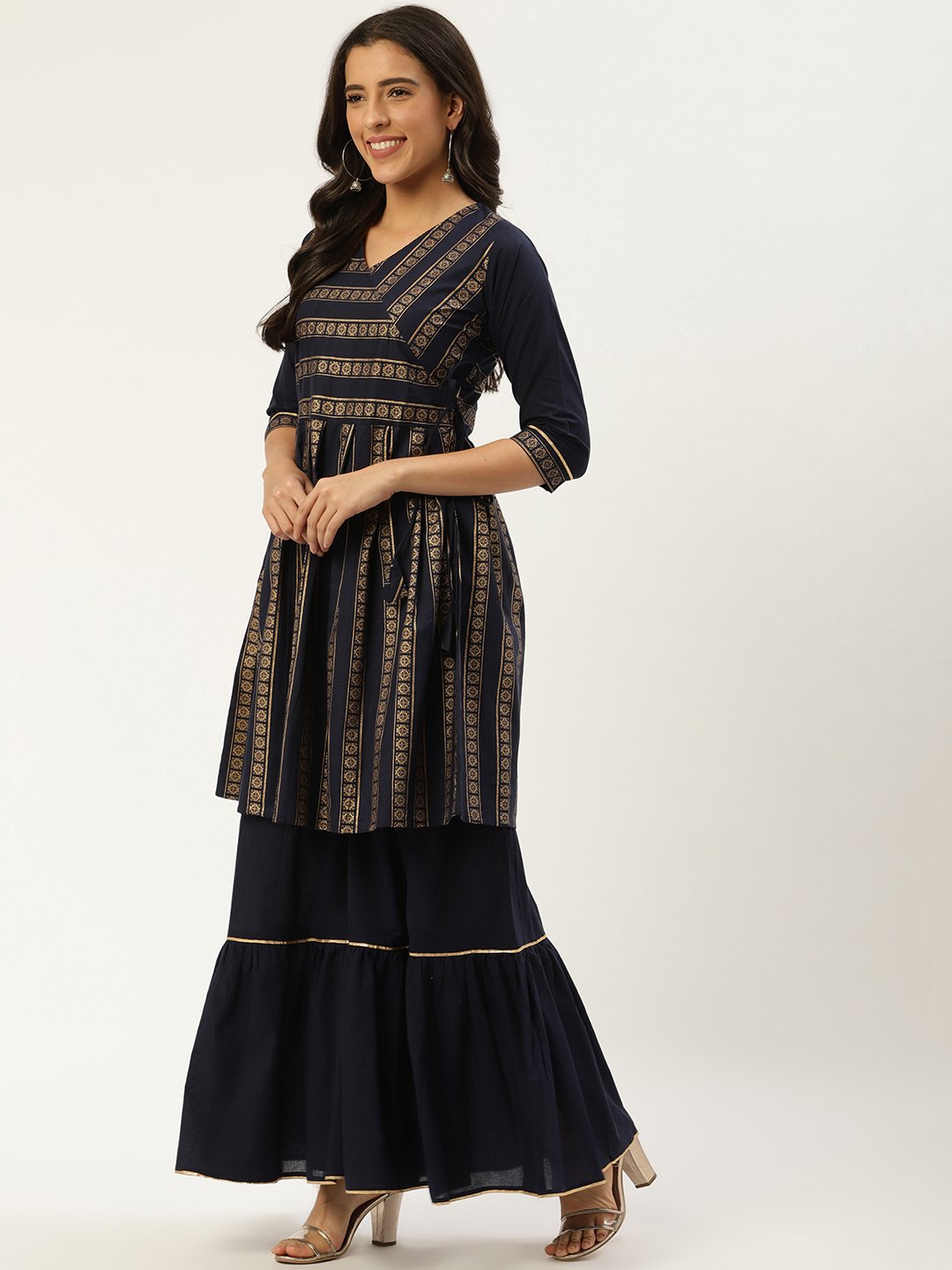 Women Navy Blue Three-Quarter Sleeves Flared Peplum Kurta and Sharara set | NOZ2TOZ - Made In INDIA.