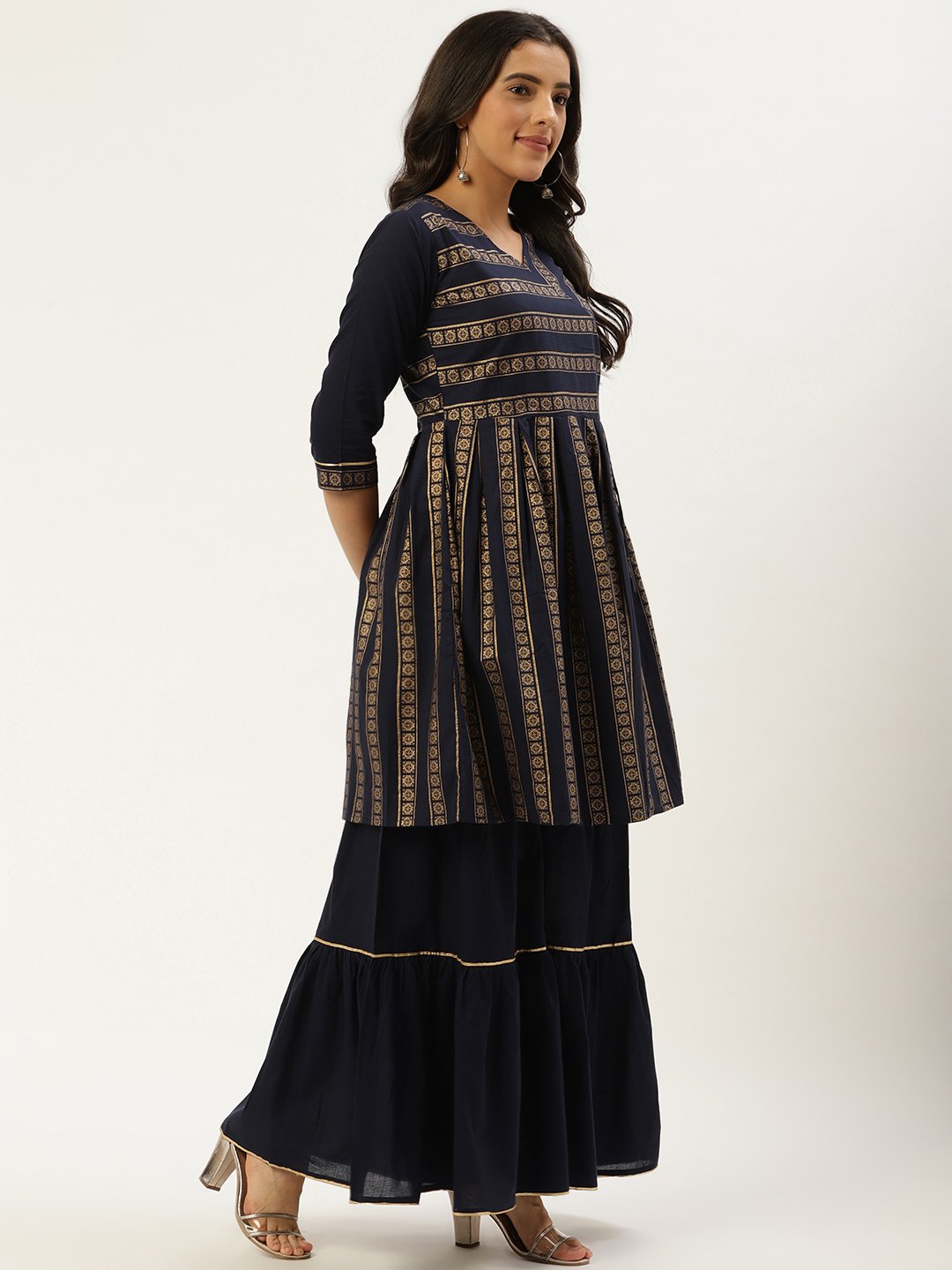 Women Navy Blue Three-Quarter Sleeves Flared Peplum Kurta and Sharara set | NOZ2TOZ - Made In INDIA.