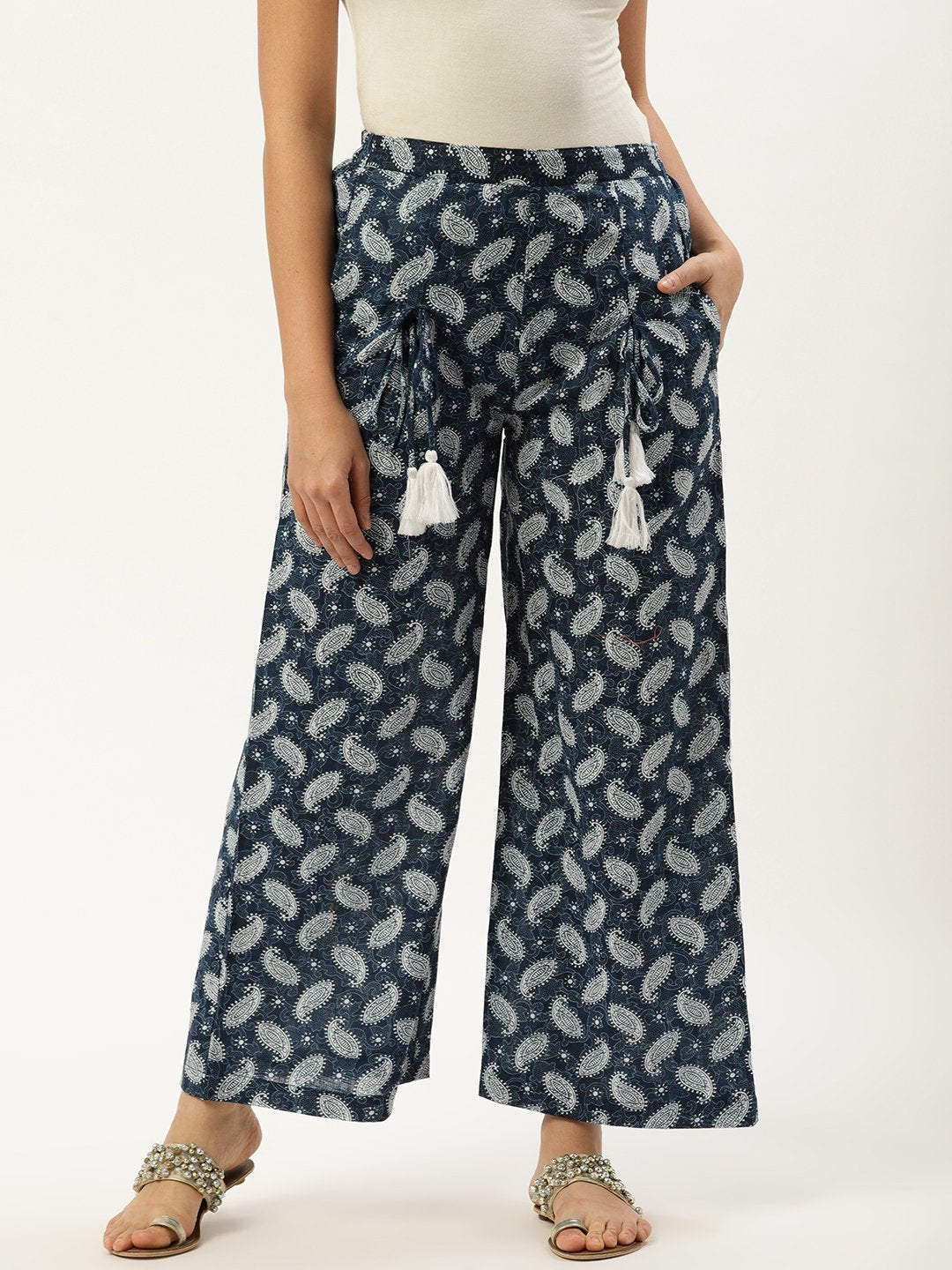 Women Indigo Blue Ethnic Motifs Printed Cotton Wide Leg Palazzo | NOZ2TOZ - Made In INDIA.