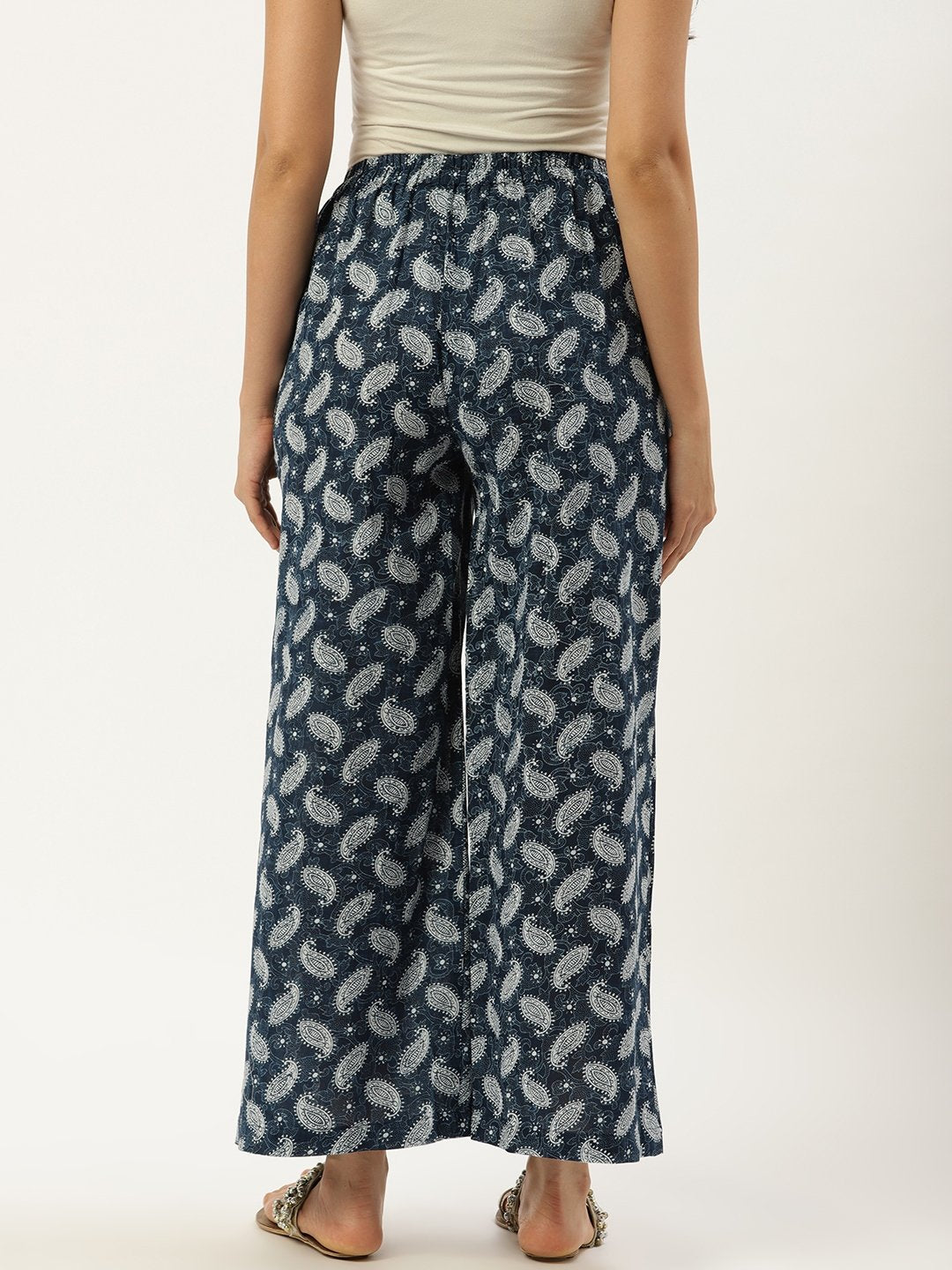 Women Indigo Blue Ethnic Motifs Printed Cotton Wide Leg Palazzo | NOZ2TOZ - Made In INDIA.