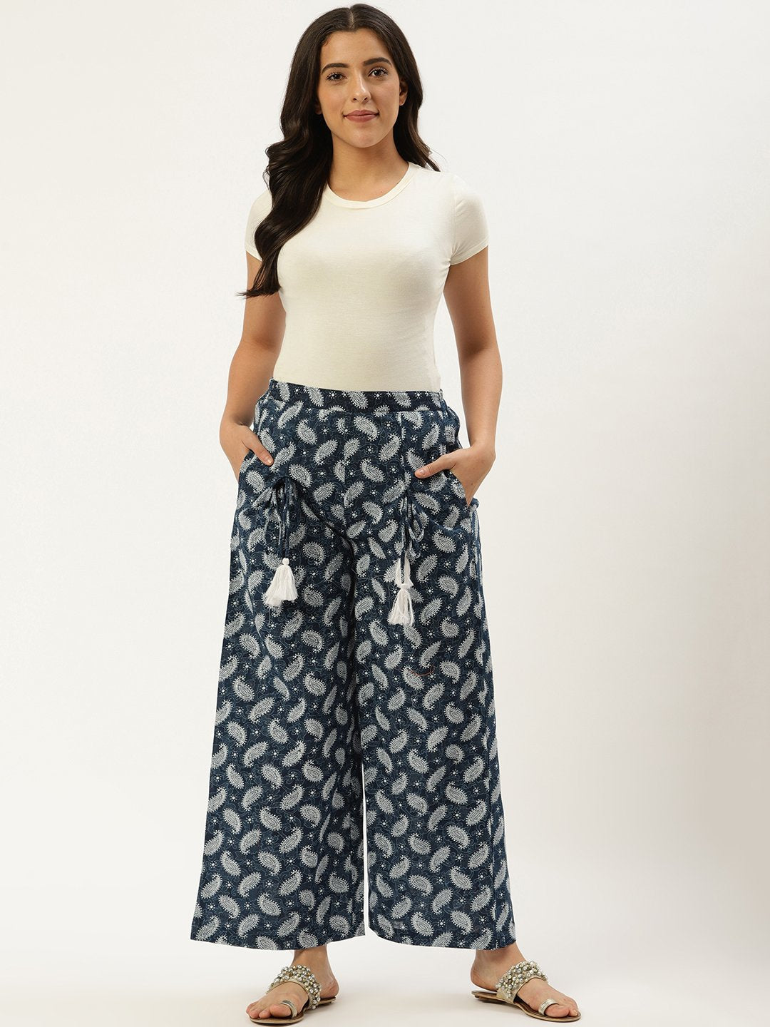 Women Indigo Blue Ethnic Motifs Printed Cotton Wide Leg Palazzo | NOZ2TOZ - Made In INDIA.