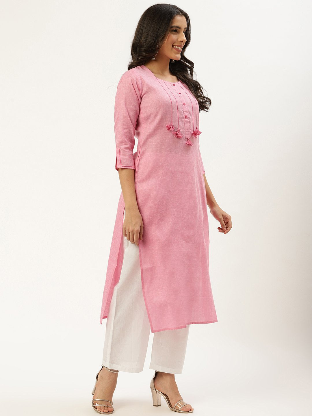 Women Pink Calf Length Three-Quarter Sleeves Straight Solid Cotton Kurta | NOZ2TOZ - Made In INDIA.