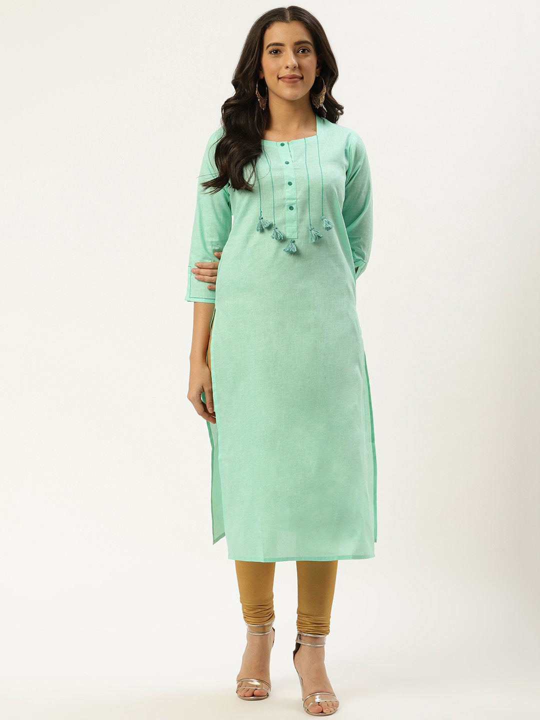 Women Green Calf Length Three-Quarter Sleeves Straight Solid Cotton Kurta | NOZ2TOZ - Made In INDIA.