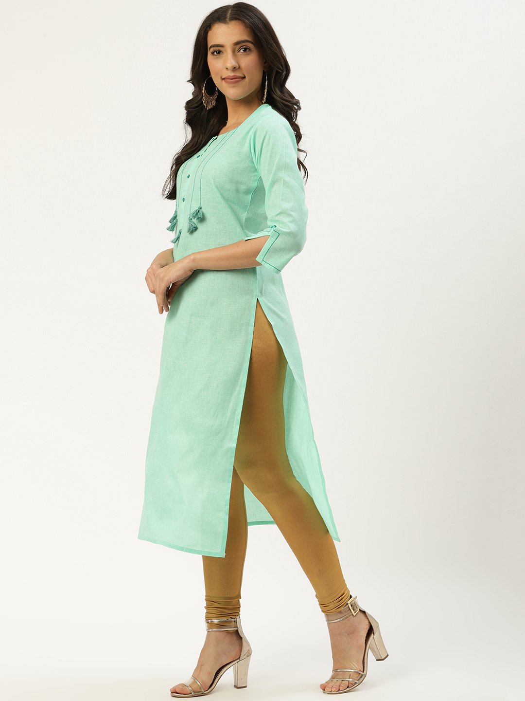 Women Green Calf Length Three-Quarter Sleeves Straight Solid Cotton Kurta | NOZ2TOZ - Made In INDIA.