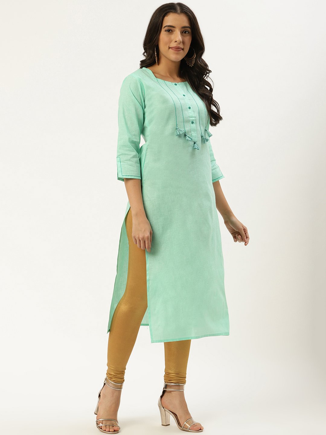 Women Green Calf Length Three-Quarter Sleeves Straight Solid Cotton Kurta | NOZ2TOZ - Made In INDIA.