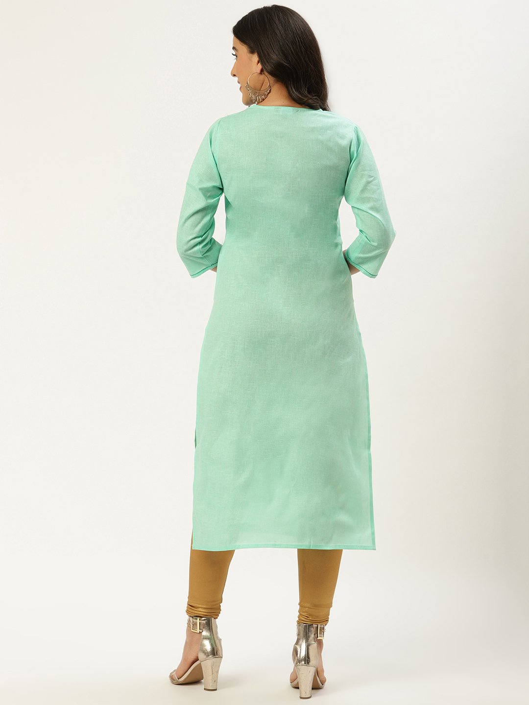 Women Green Calf Length Three-Quarter Sleeves Straight Solid Cotton Kurta | NOZ2TOZ - Made In INDIA.