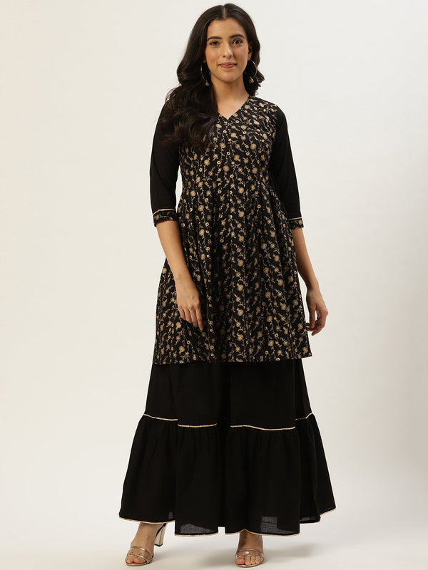 Women Black Three-Quarter Sleeves Flared Peplum Kurta and Sharara set | NOZ2TOZ - Made In INDIA.