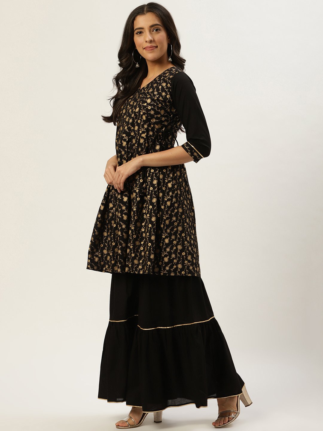 Women Black Three-Quarter Sleeves Flared Peplum Kurta and Sharara set | NOZ2TOZ - Made In INDIA.