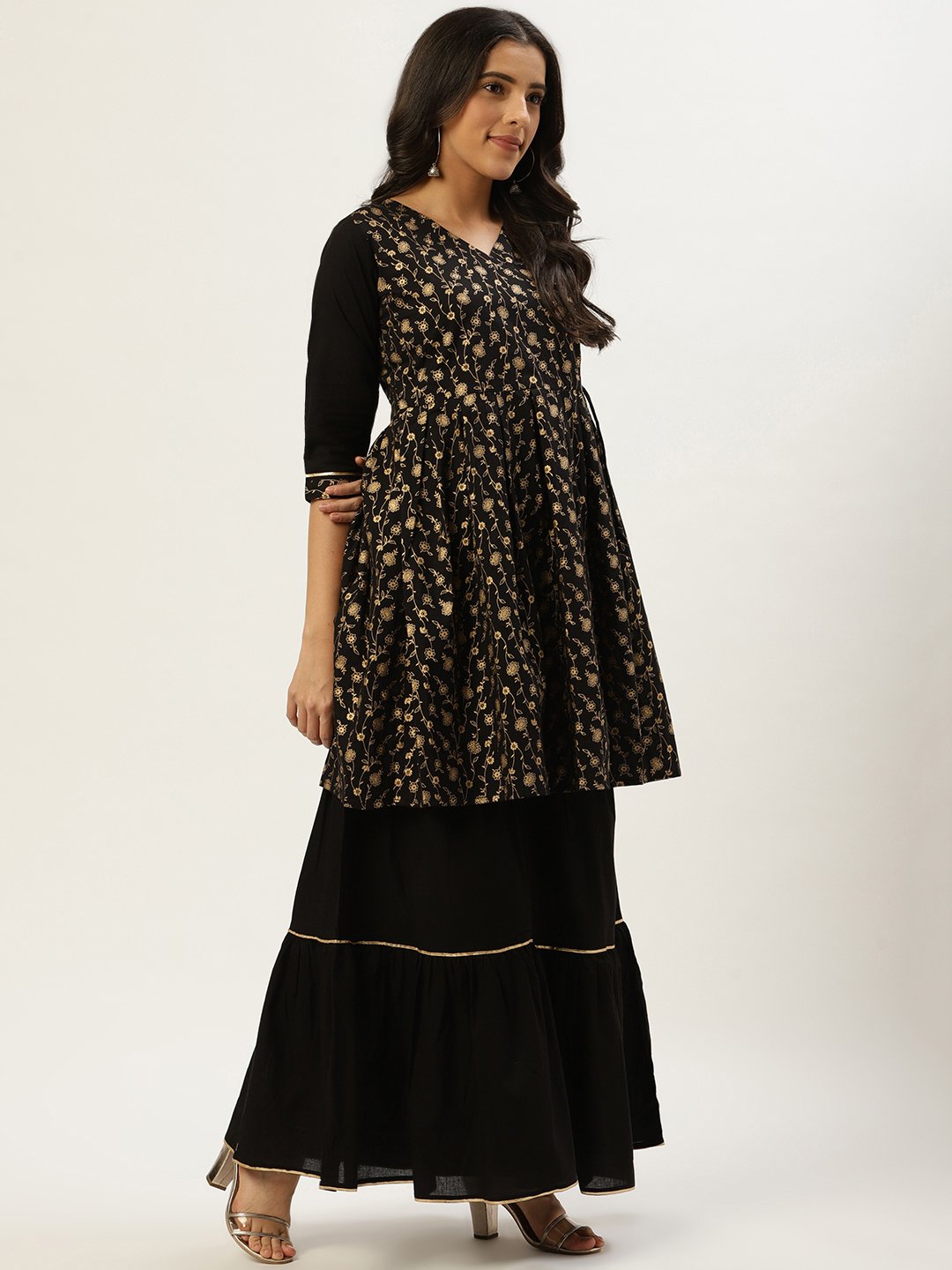 Women Black Three-Quarter Sleeves Flared Peplum Kurta and Sharara set | NOZ2TOZ - Made In INDIA.