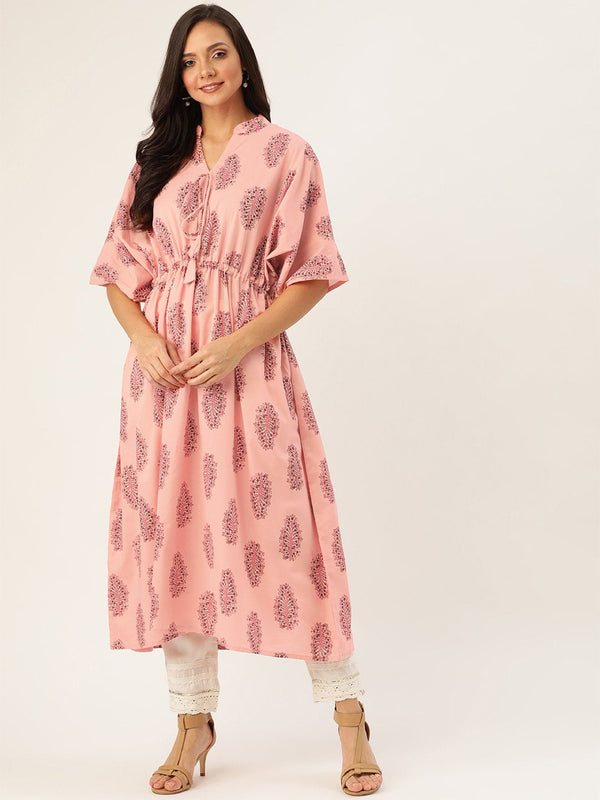 Women Light Pink Calf Length Three-Quarter Sleeves Kaftan Floral Cotton Kurta | NOZ2TOZ - Made In INDIA.