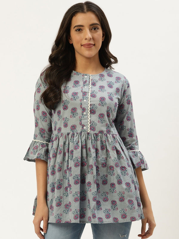 Women Grey  Printed Flared Floral Pure Cotton Kurti | NOZ2TOZ - Made In INDIA.