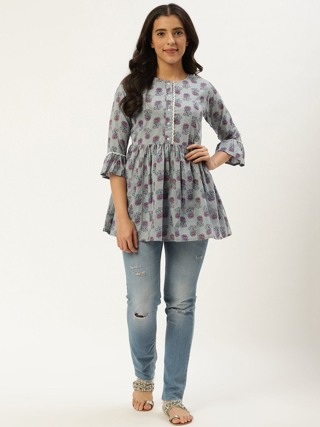 Women Grey  Printed Flared Floral Pure Cotton Kurti | NOZ2TOZ - Made In INDIA.