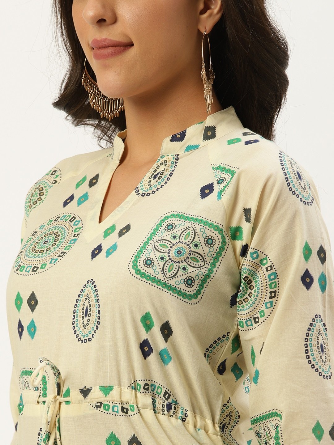 Women Cream Calf Length Long Sleeves A-Line Ethnic Motifs Cotton Kurta | NOZ2TOZ - Made In INDIA.