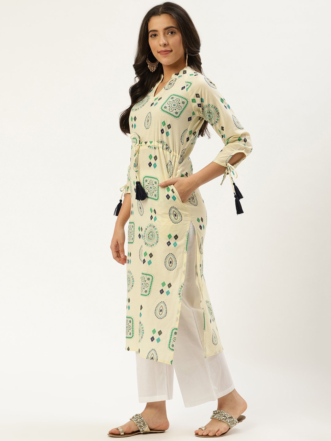 Women Cream Calf Length Long Sleeves A-Line Ethnic Motifs Cotton Kurta | NOZ2TOZ - Made In INDIA.