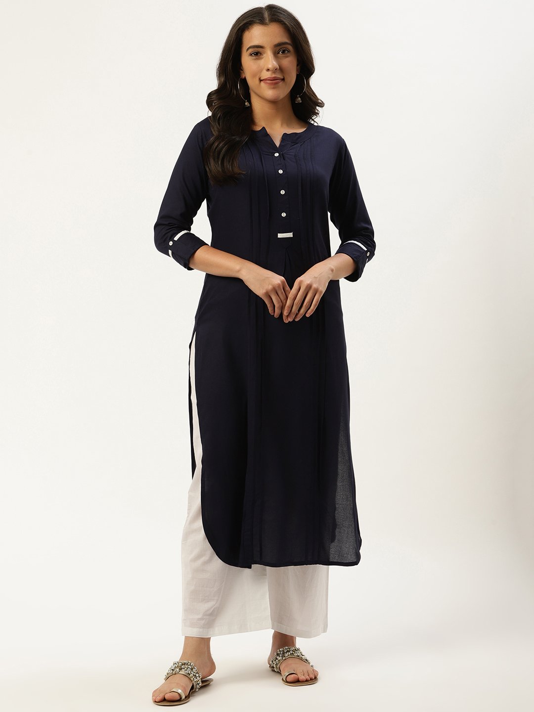 Women Navy Blue Calf Length Three-Quarter Sleeves Straight Solid Viscose Rayon Kurta | NOZ2TOZ - Made In INDIA.