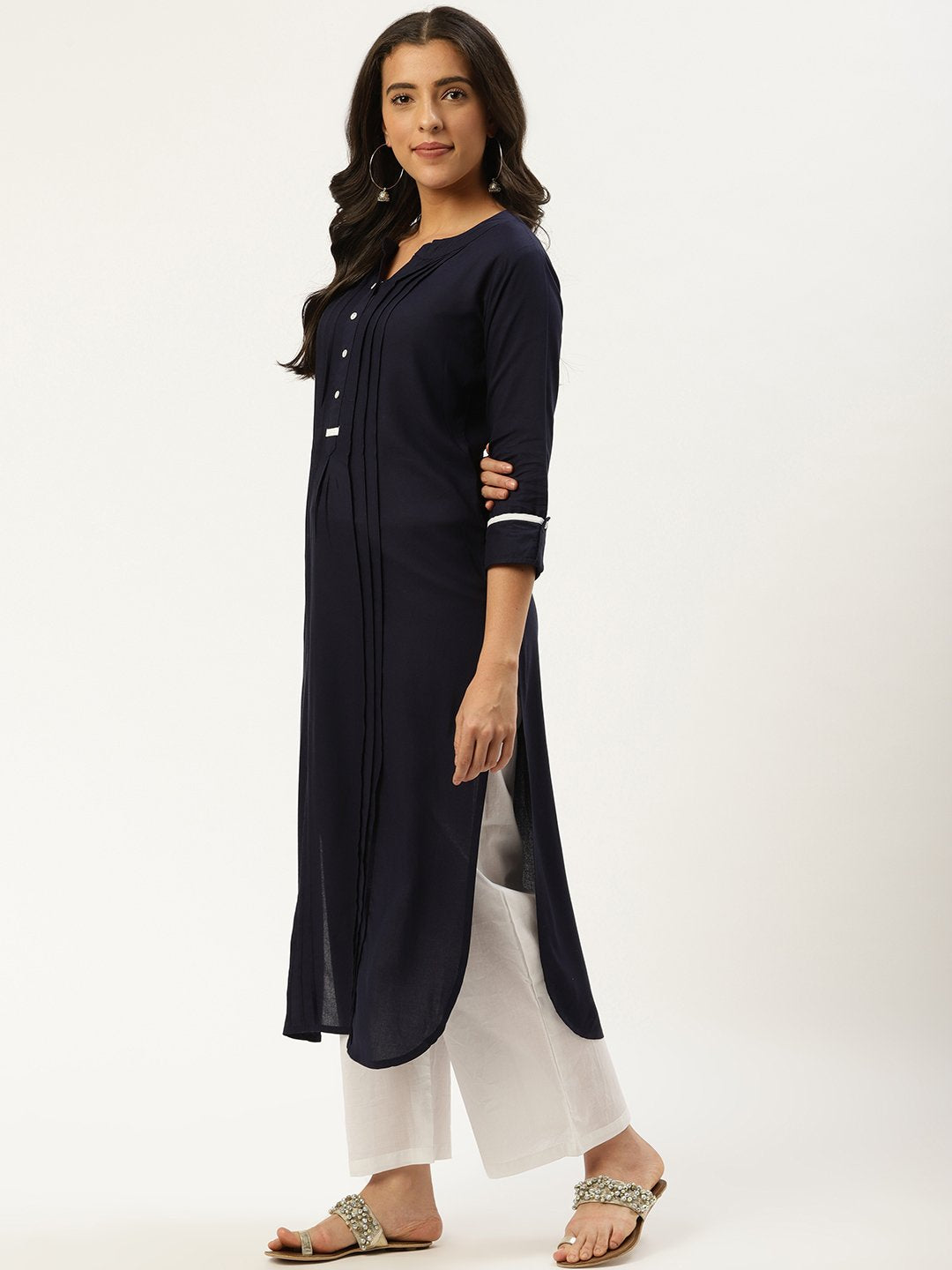 Women Navy Blue Calf Length Three-Quarter Sleeves Straight Solid Viscose Rayon Kurta | NOZ2TOZ - Made In INDIA.