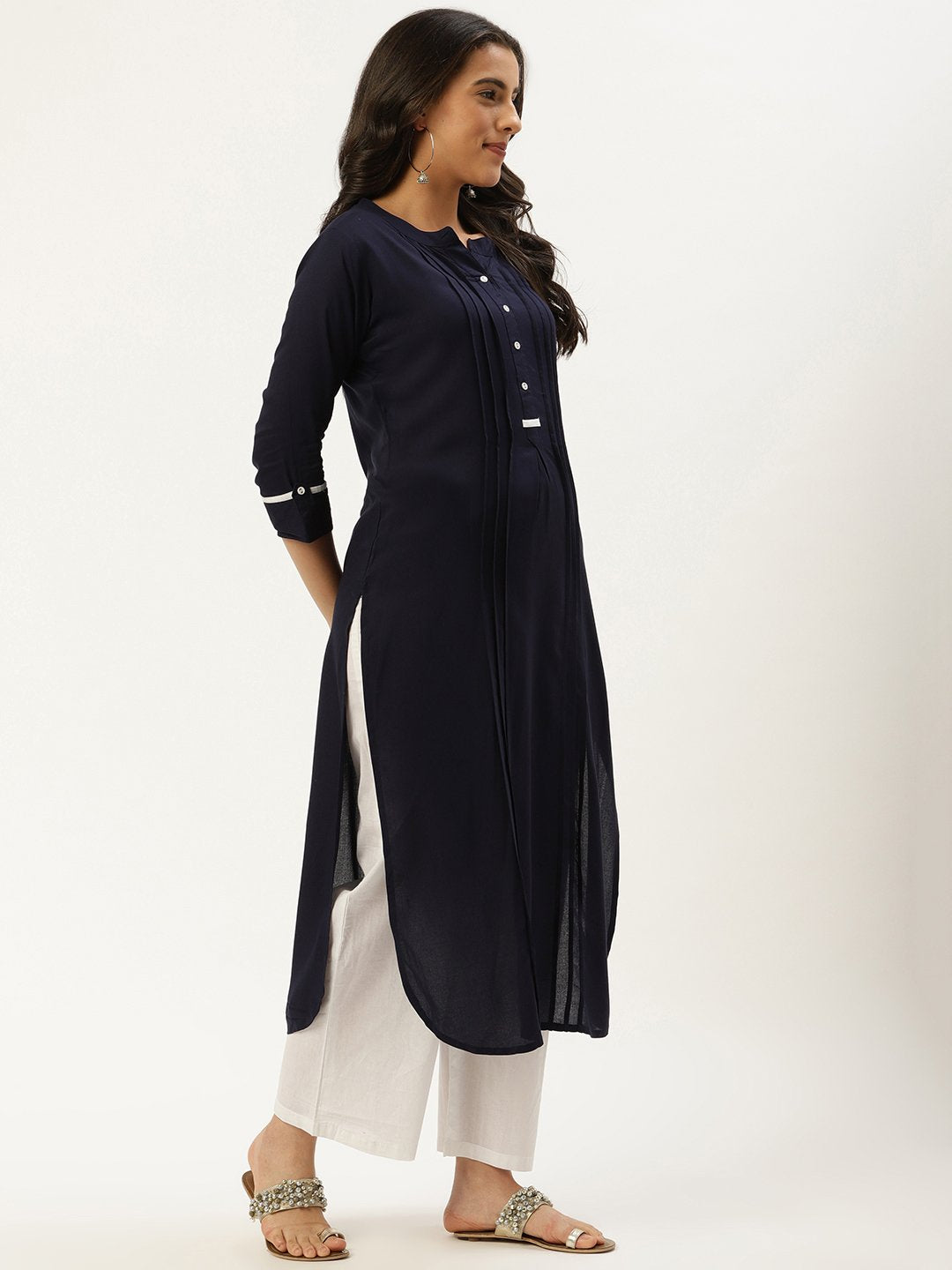 Women Navy Blue Calf Length Three-Quarter Sleeves Straight Solid Viscose Rayon Kurta | NOZ2TOZ - Made In INDIA.