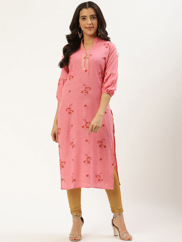 Women Pink Calf Length Three-Quarter Sleeves Straight Floral Cotton Kurta | NOZ2TOZ - Made In INDIA.