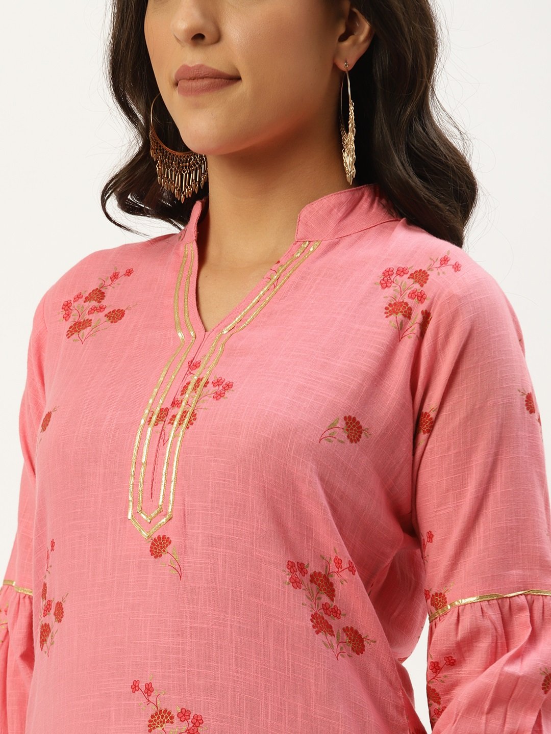 Women Pink Calf Length Three-Quarter Sleeves Straight Floral Cotton Kurta | NOZ2TOZ - Made In INDIA.