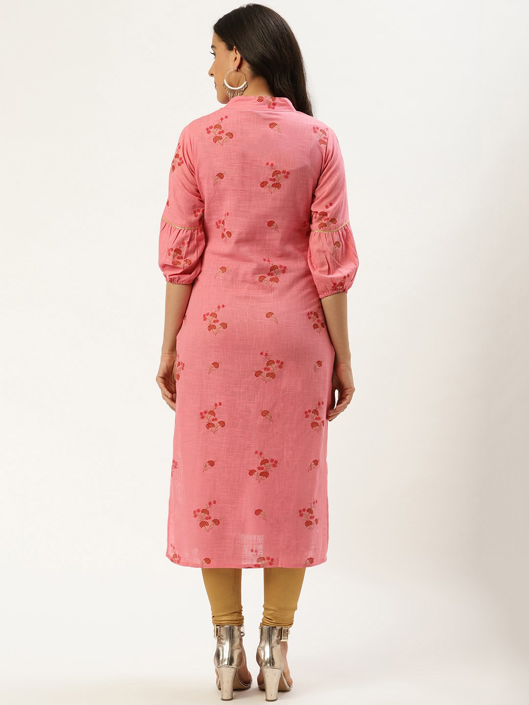 Women Pink Calf Length Three-Quarter Sleeves Straight Floral Cotton Kurta | NOZ2TOZ - Made In INDIA.