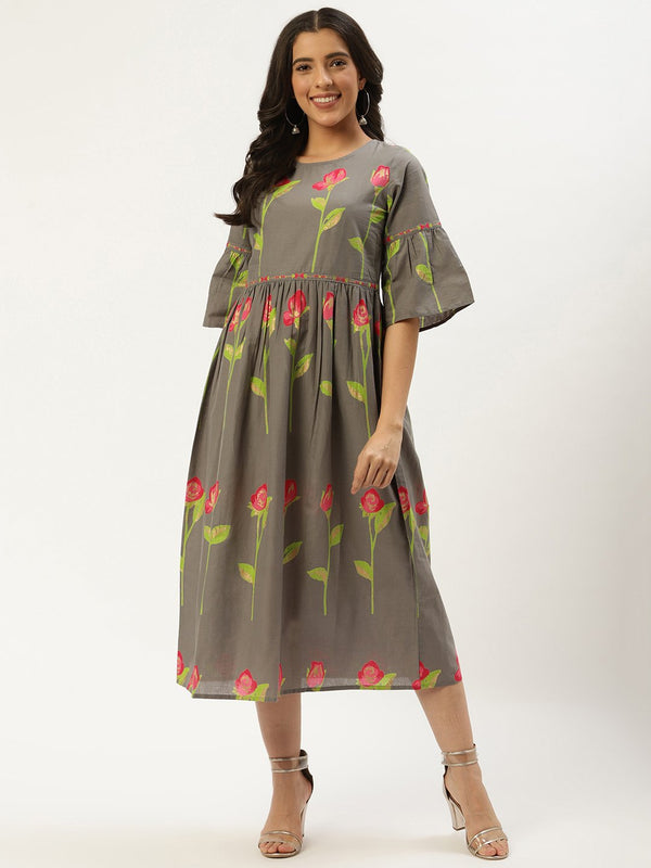 Women Grey Floral Printed Round Neck Cotton A-Line Dress | NOZ2TOZ - Made In INDIA.