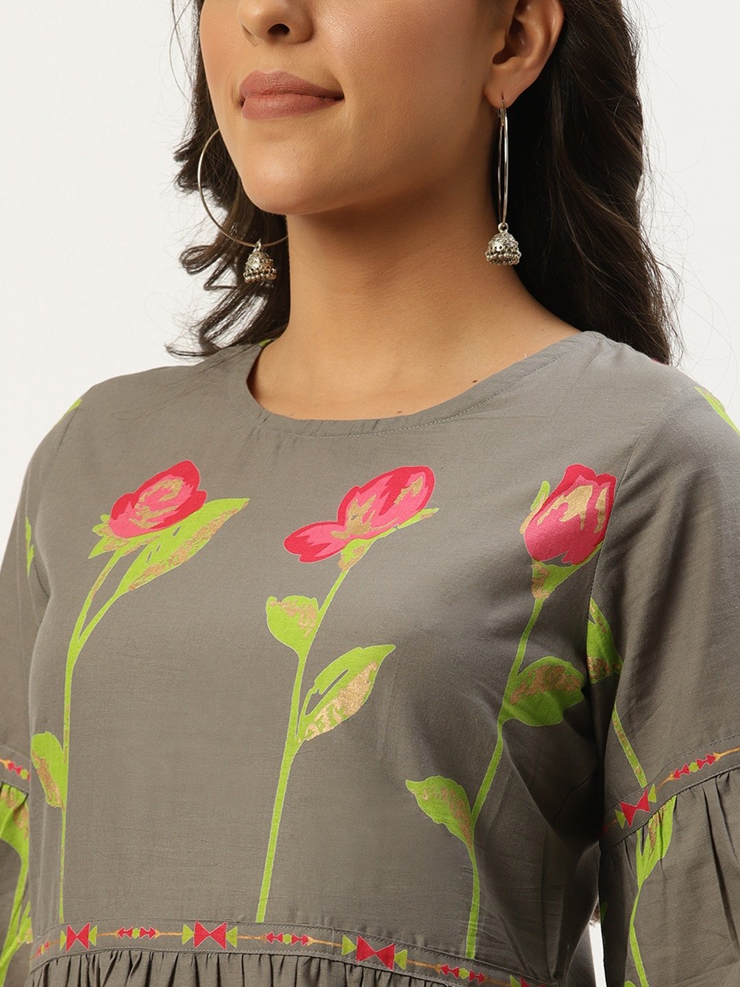 Women Grey Floral Printed Round Neck Cotton A-Line Dress | NOZ2TOZ - Made In INDIA.