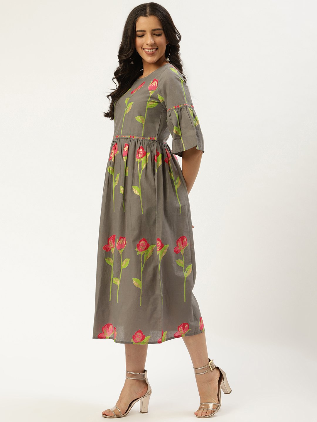 Women Grey Floral Printed Round Neck Cotton A-Line Dress | NOZ2TOZ - Made In INDIA.