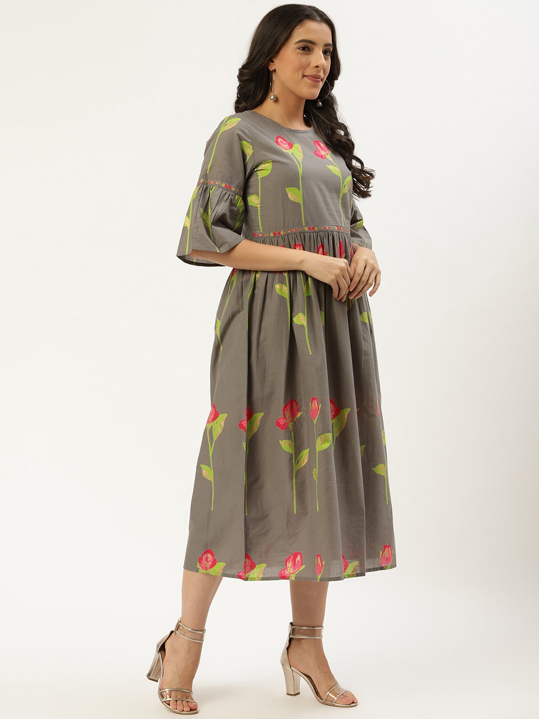 Women Grey Floral Printed Round Neck Cotton A-Line Dress | NOZ2TOZ - Made In INDIA.