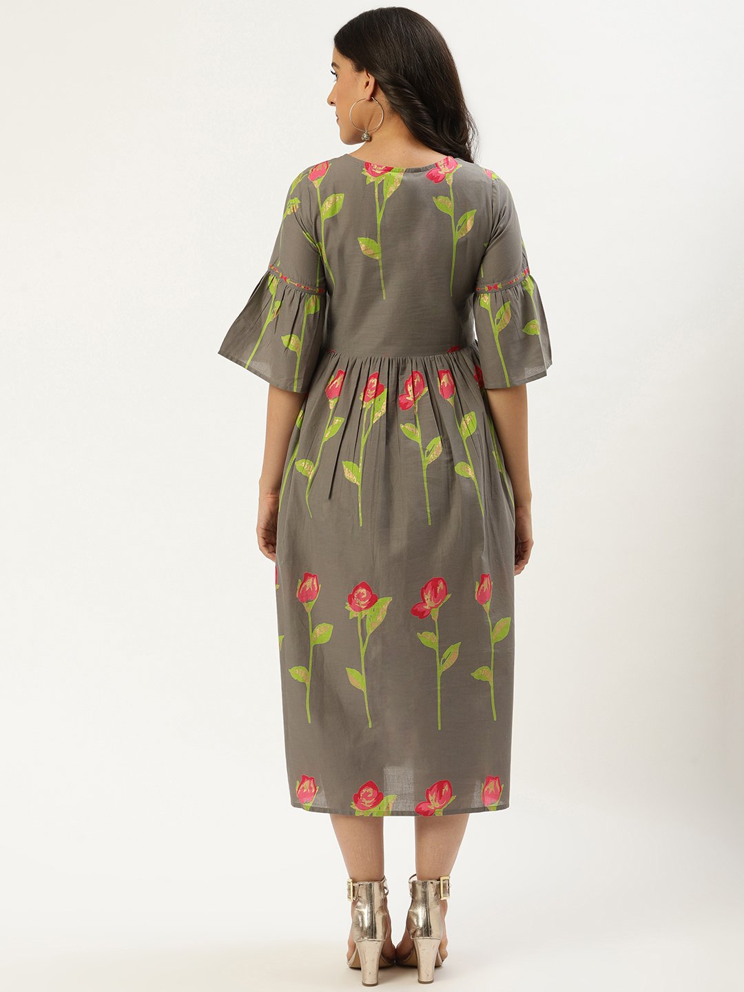 Women Grey Floral Printed Round Neck Cotton A-Line Dress | NOZ2TOZ - Made In INDIA.