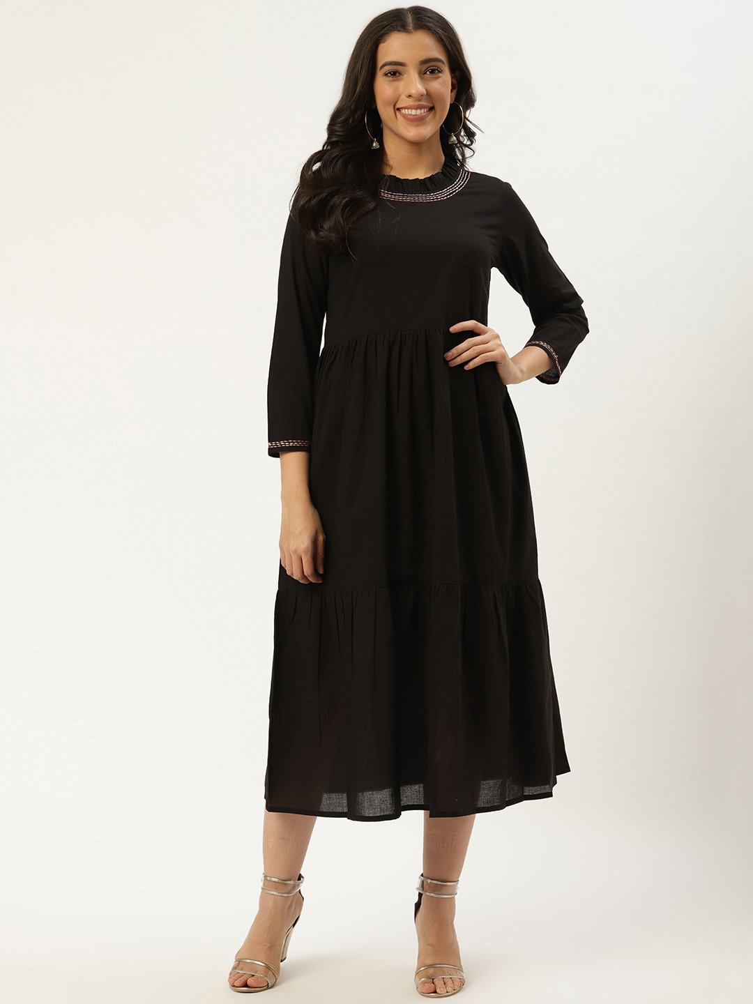 Women Black Solid Solid Round Neck Cotton A-Line Dress | NOZ2TOZ - Made In INDIA.