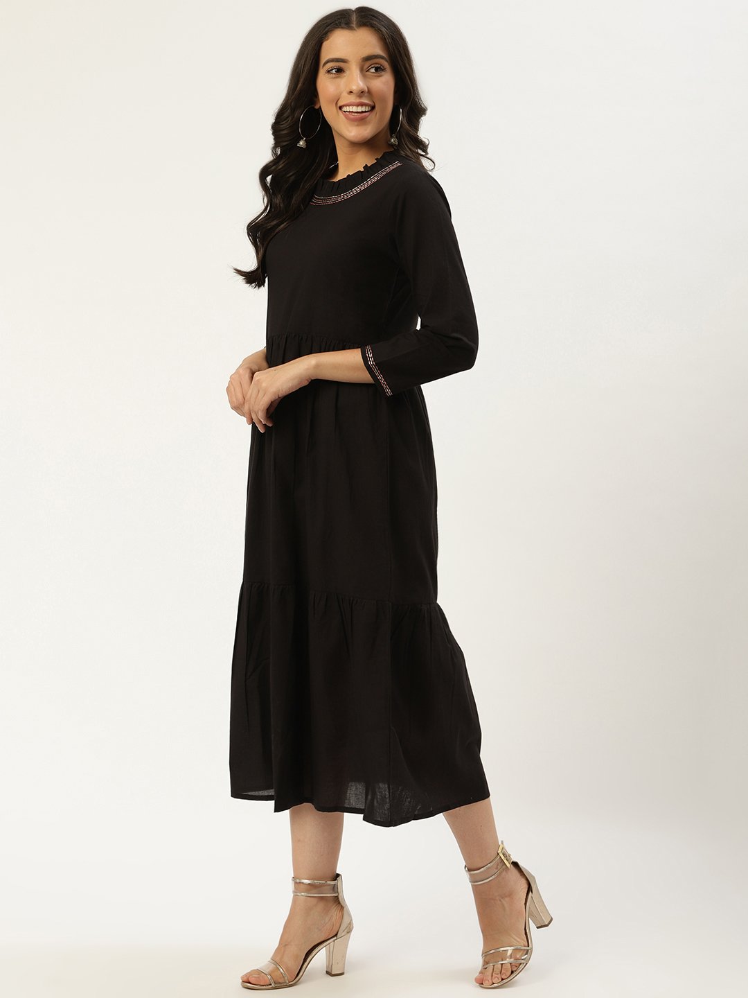 Women Black Solid Solid Round Neck Cotton A-Line Dress | NOZ2TOZ - Made In INDIA.