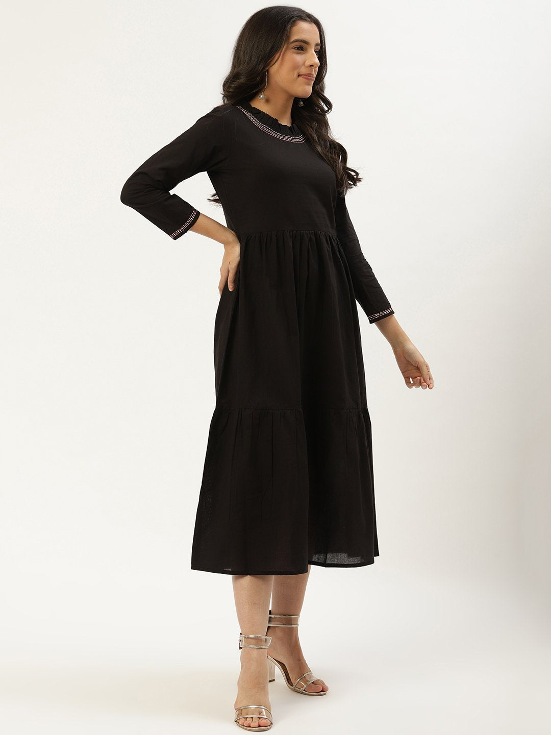 Women Black Solid Solid Round Neck Cotton A-Line Dress | NOZ2TOZ - Made In INDIA.