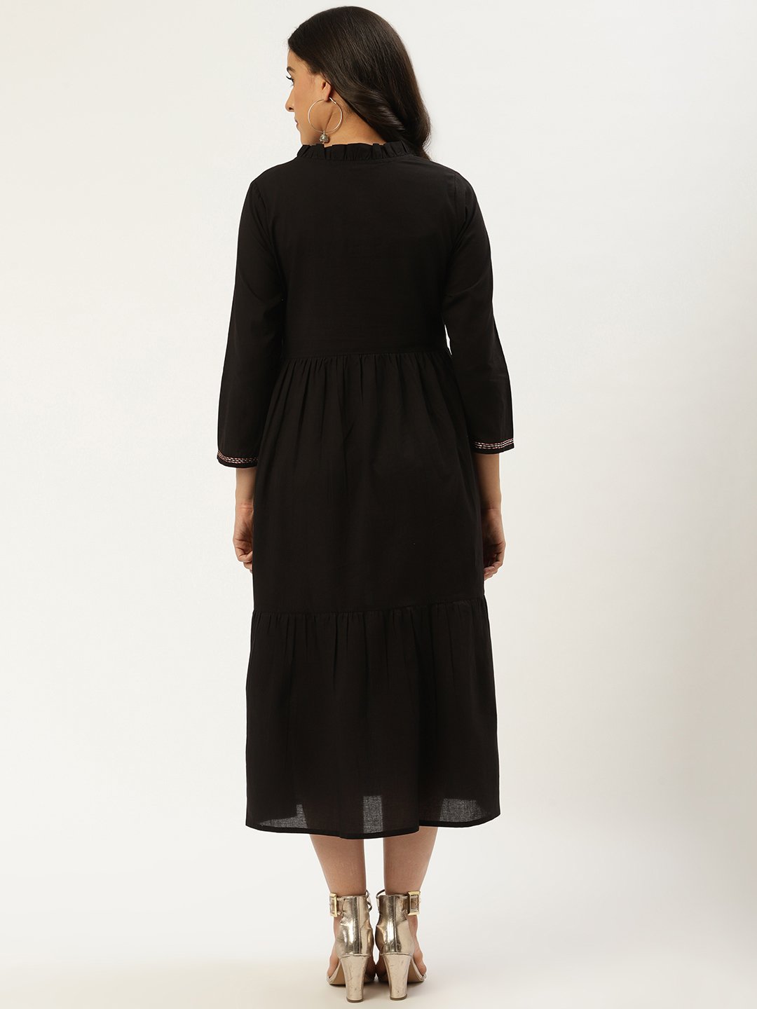 Women Black Solid Solid Round Neck Cotton A-Line Dress | NOZ2TOZ - Made In INDIA.